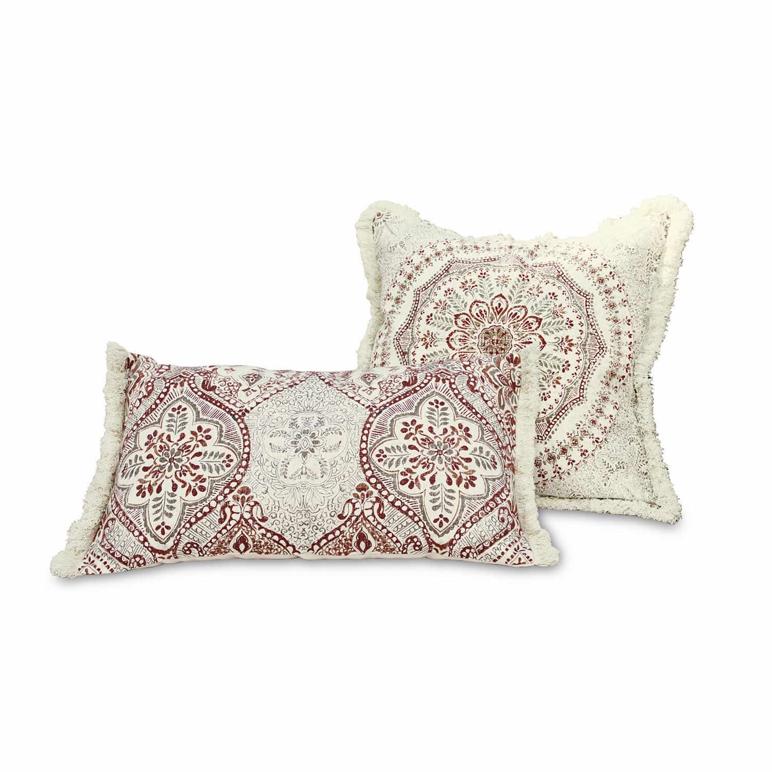 Kissenhülle 2er Set Margret Set aus zwei dekorativen Baumwollkissen in Creme-Rot mit Fransen und floralen Mustern