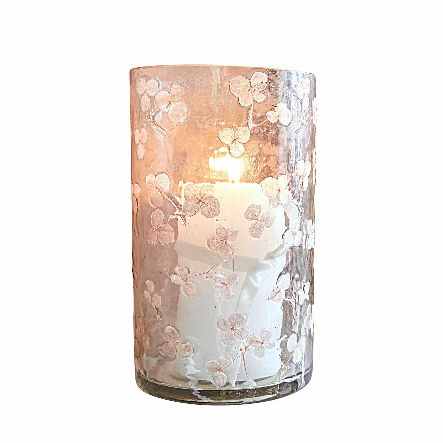 Windlicht Velindar Glaswindlicht mit weißen Blumenmustern und brennender weißer Kerze im Inneren