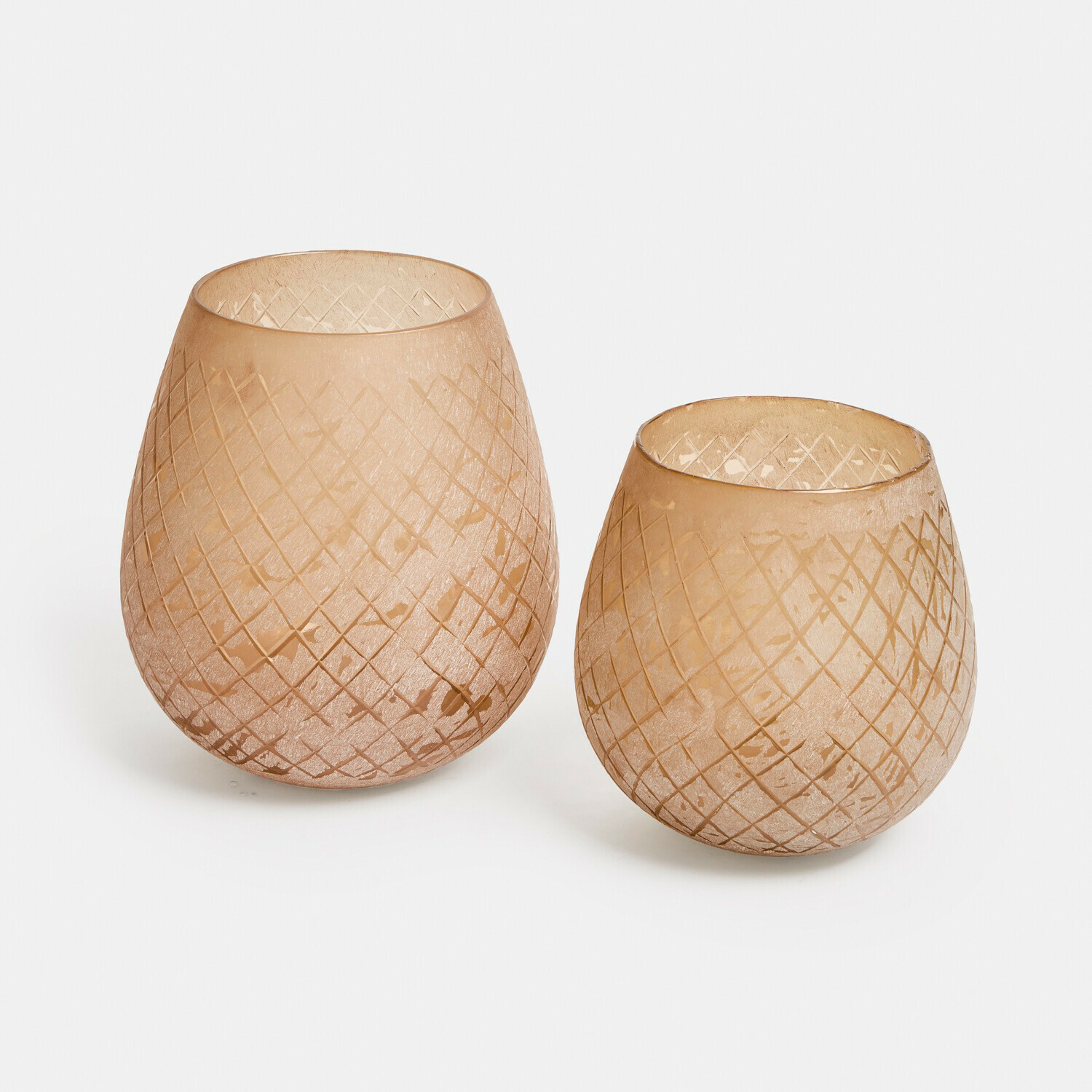 Windlicht 2er Set Méloriane Zwei beige Glas-Teelichthalter mit geometrischem Muster, matte Oberfläche, Wohnaccessoire