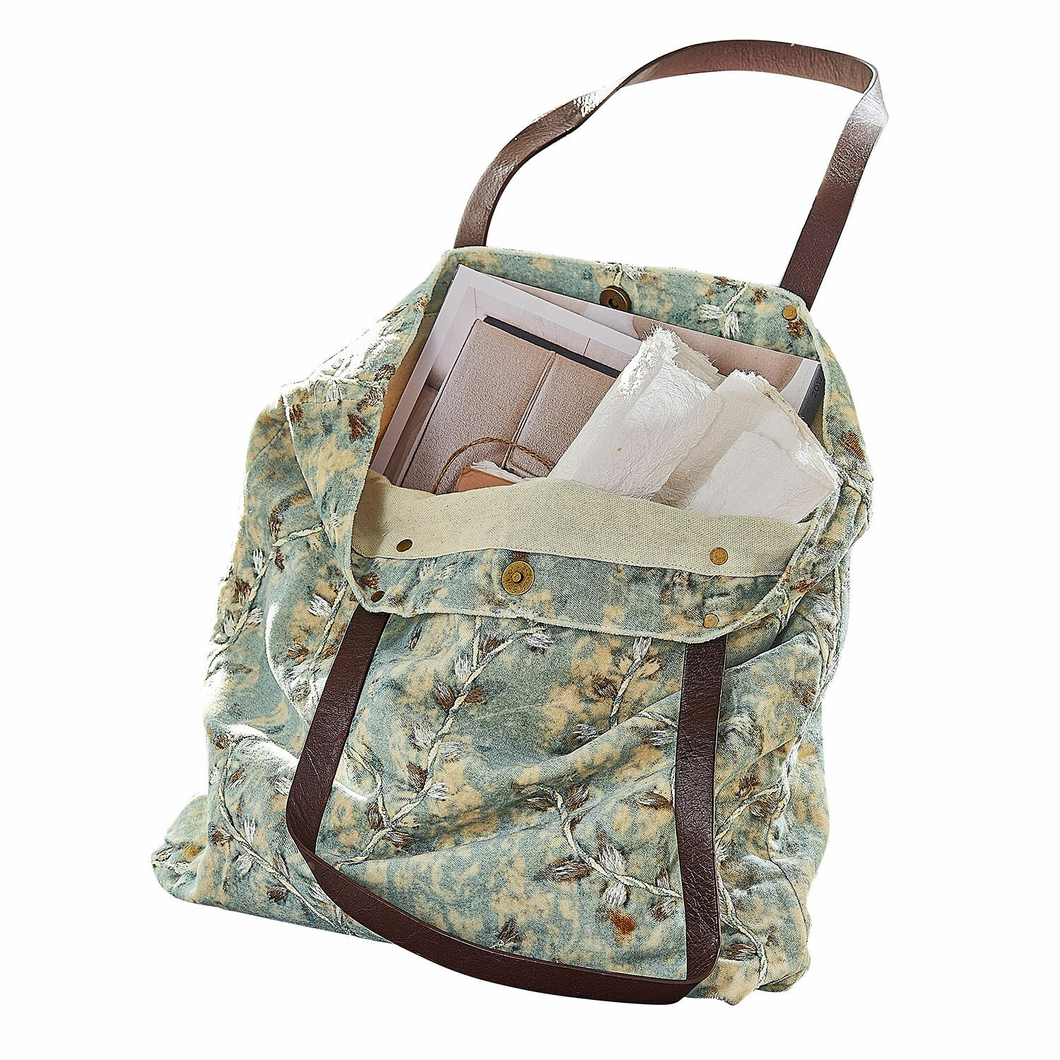 Tasche LaRoux Tasche aus grün-beigem Stoff mit braunen Griffen, ideal für Einkäufe und den Alltag