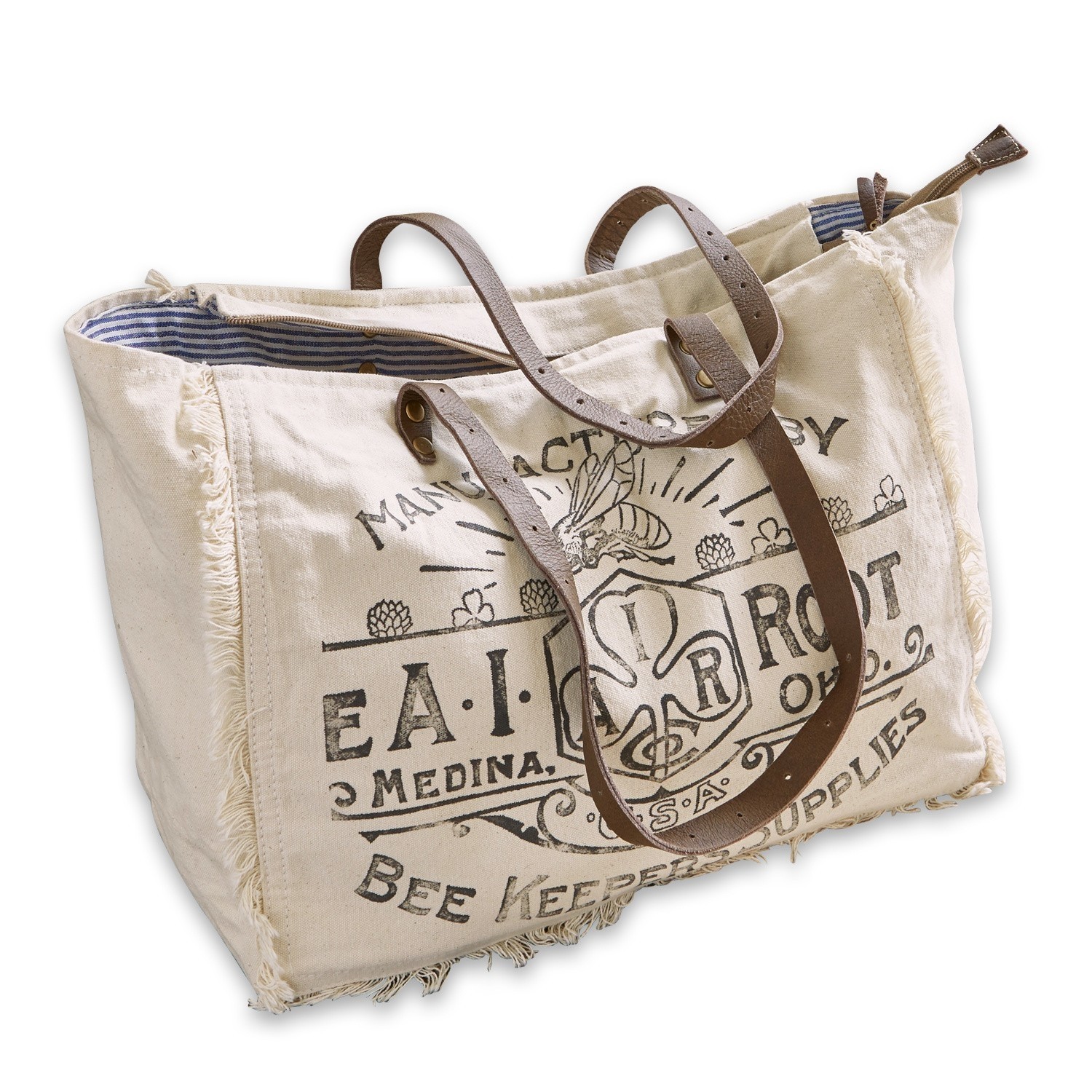 creme/braun Cremefarbene Baumwolltasche mit braunen Ledergriffen und Bienen-Print, Einkaufstasche