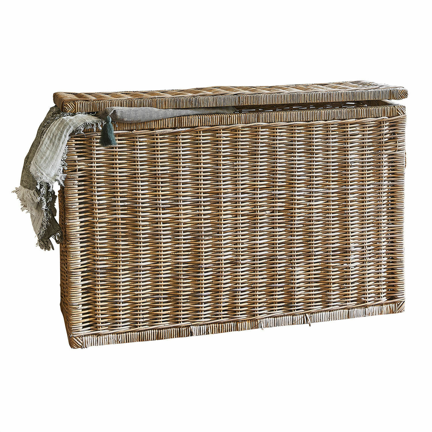 Truhe East Ryde Großer Aufbewahrungskorb aus natürlichem Rattan mit Deckel und grauem Stoffeinsatz