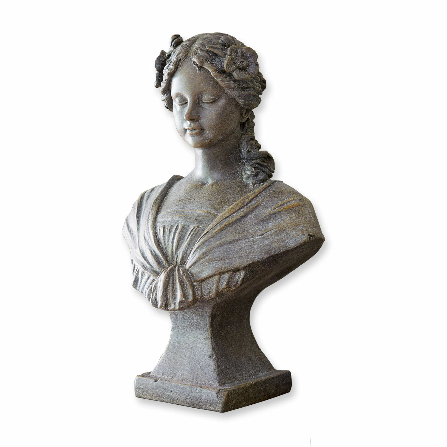 Büste Alexandra Klassisches Damenbüste aus grauem Stein mit Blumen im Haar, dekorative Gartenfigur