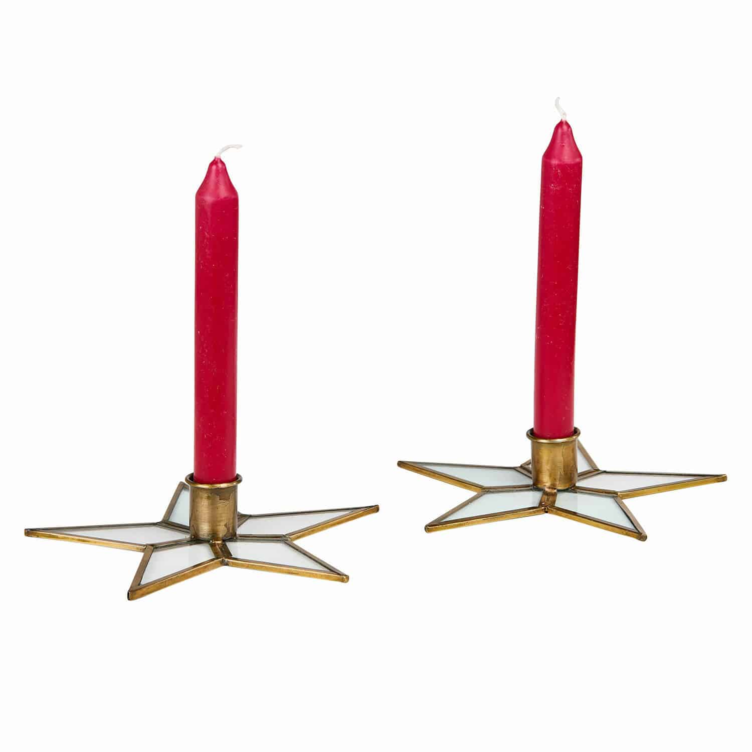 Kerzenständer 2er Set Zaydan Paar rote Kerzen in sternförmigen Metallkerzenhaltern mit weißem Glas auf weißem Hintergrund