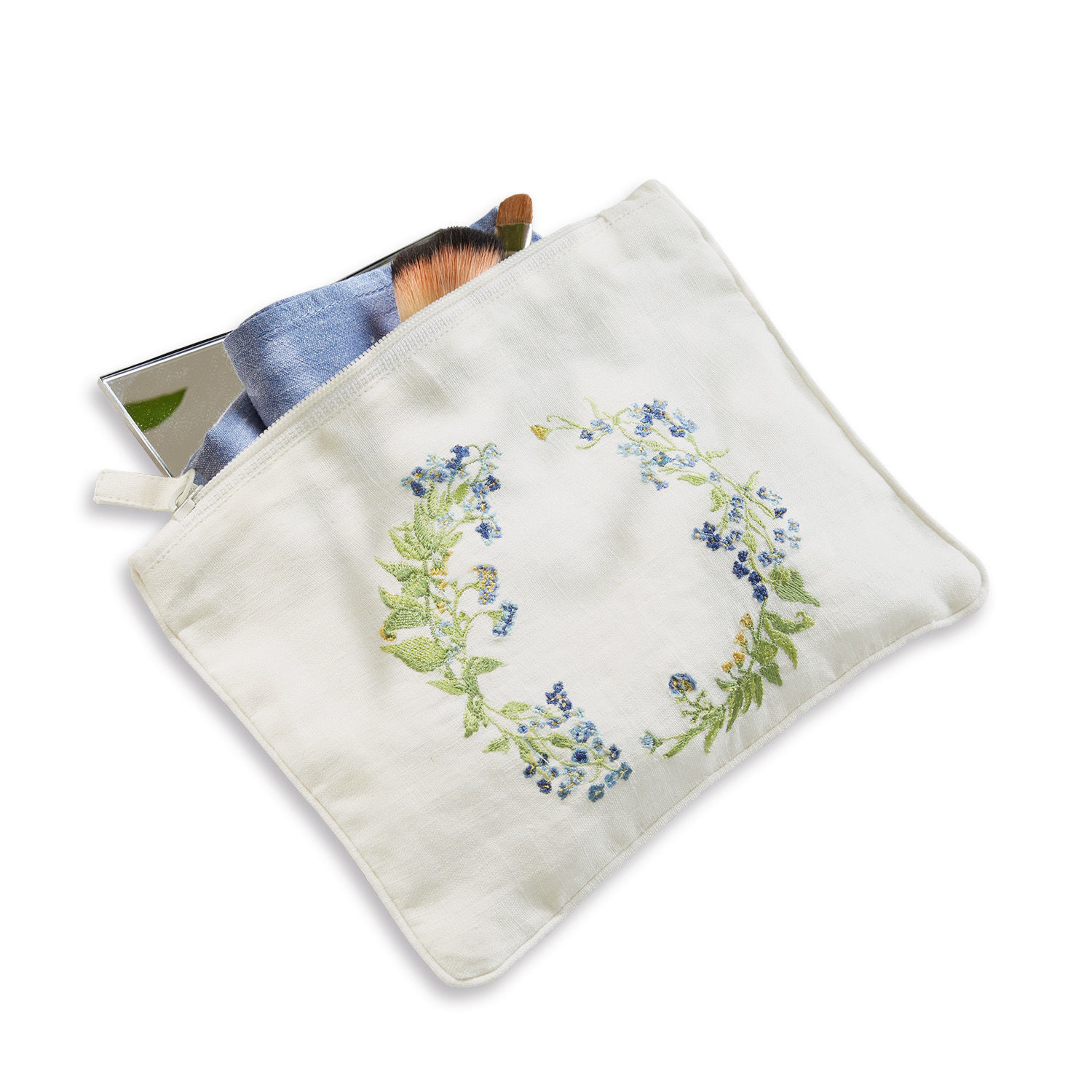 Täschchen Fierolla Weiße Kosmetiktasche aus Leinen mit Blumenstickerei, Pinsel und Spiegel innen