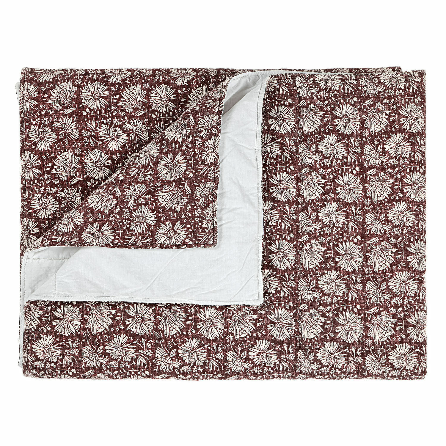 Plaid Soleique Wendbare Baumwollbettdecke mit bordeauxfarbenem Blumenmuster und weißer Rückseite, dekorativ