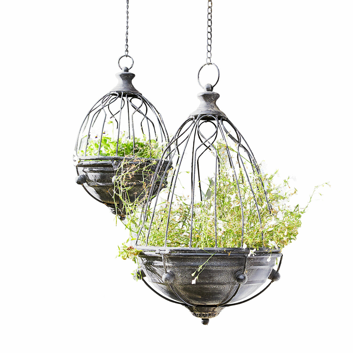 Voliere 2er Set Yserande Hängende schwarze Metall-Pflanzgefäße mit grünen Pflanzen, dekorative Gartendeko