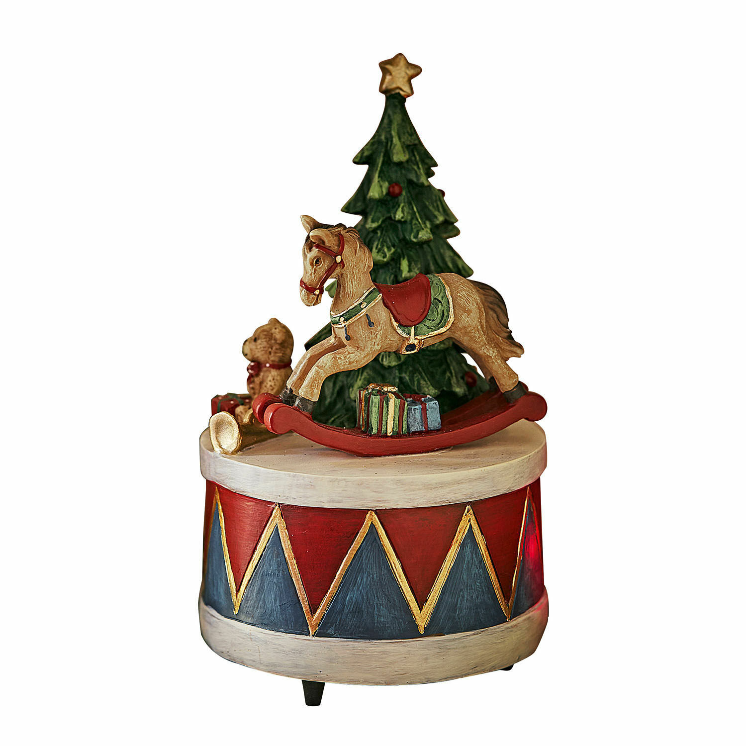 Spieluhr Harmony Weihnachtliche Holzdekoration mit Schaukelpferd, Tannenbaum und Bär auf rot-blauem Trommelkörper