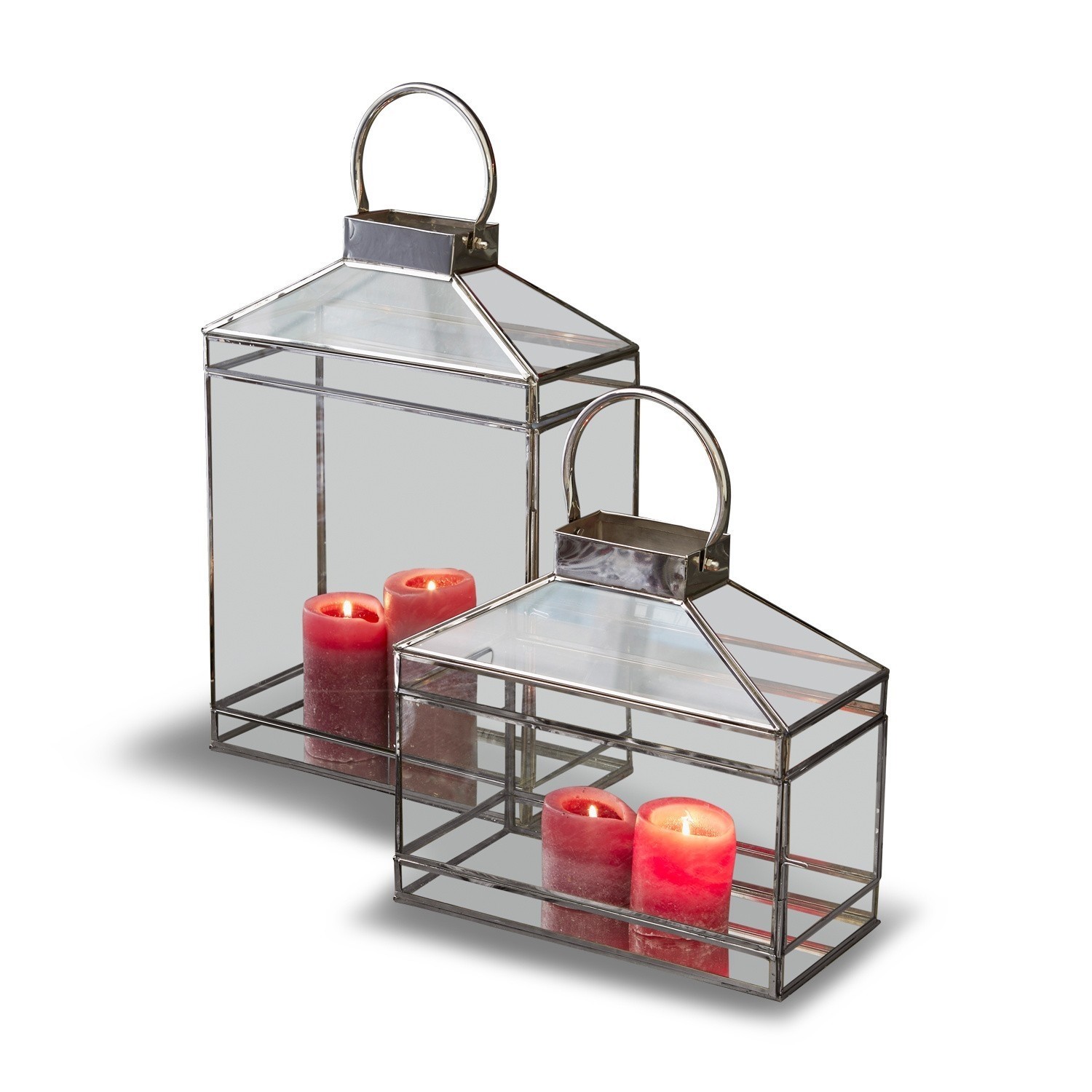 Laterne 2er Set Francesca Set aus zwei Metall-Glas-Laternen mit roten Kerzen für Wohn- und Gartendekoration