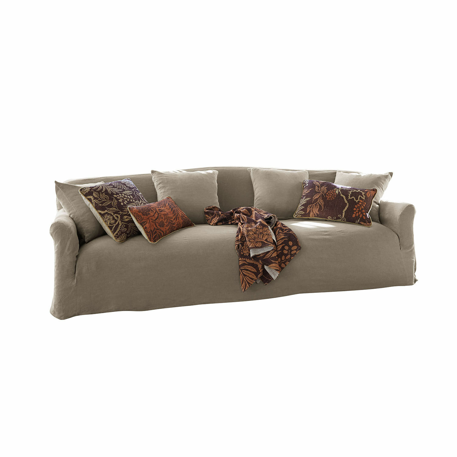 Sofa Riveneuve Beige Stoffsofa mit dekorativen Kissen und braunem gemustertem Plaid für Wohnzimmer