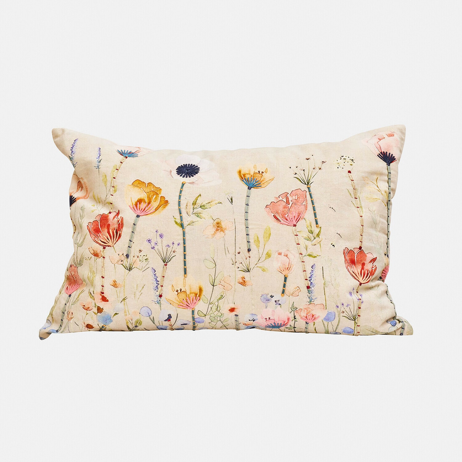Kissenhülle Cadrinela Rechteckiges Baumwollkissen in Creme mit buntem Blumenmuster für Wohnraumdekoration
