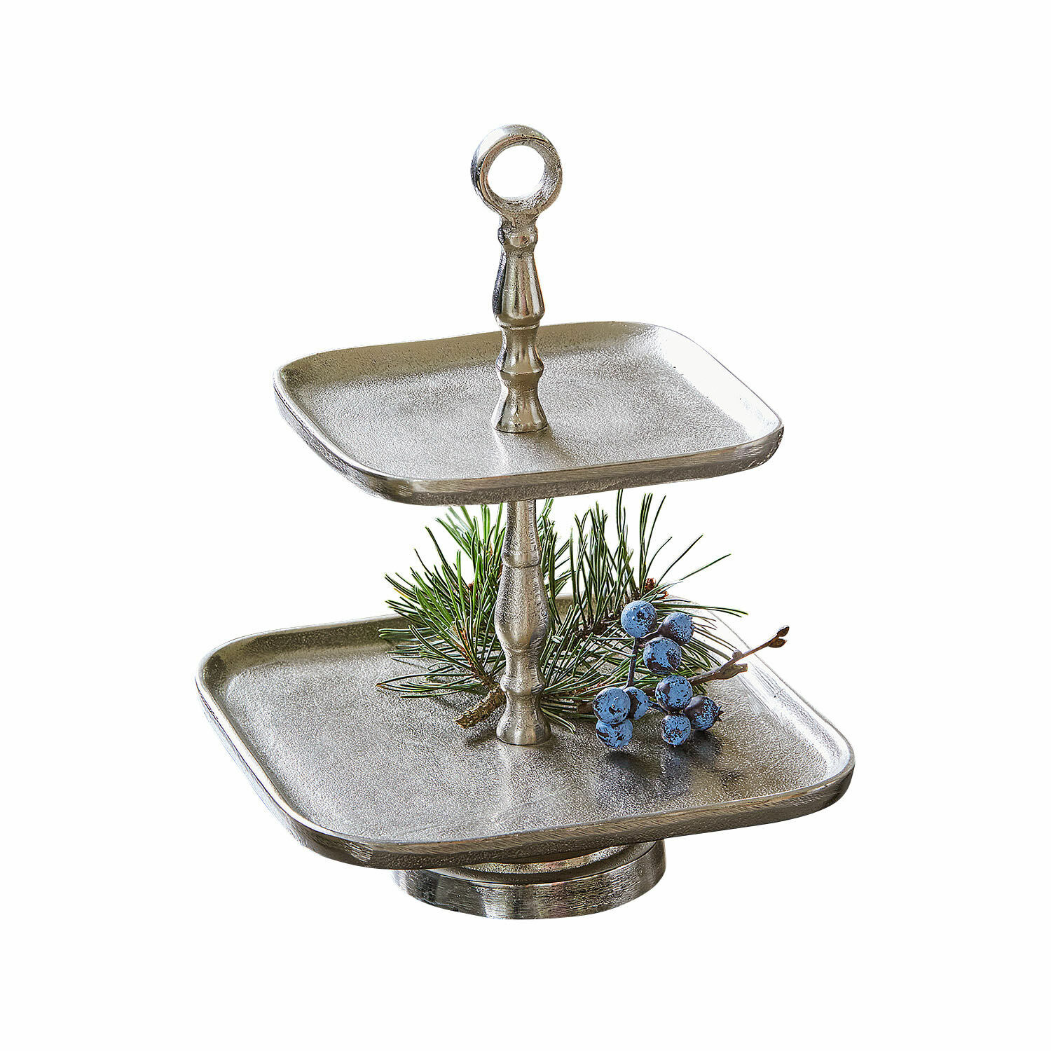 Etagere Tuarla Zweistöckige silberne Metall-Etagere mit Zweig- und Beeren-Dekor, eleganter Snackständer