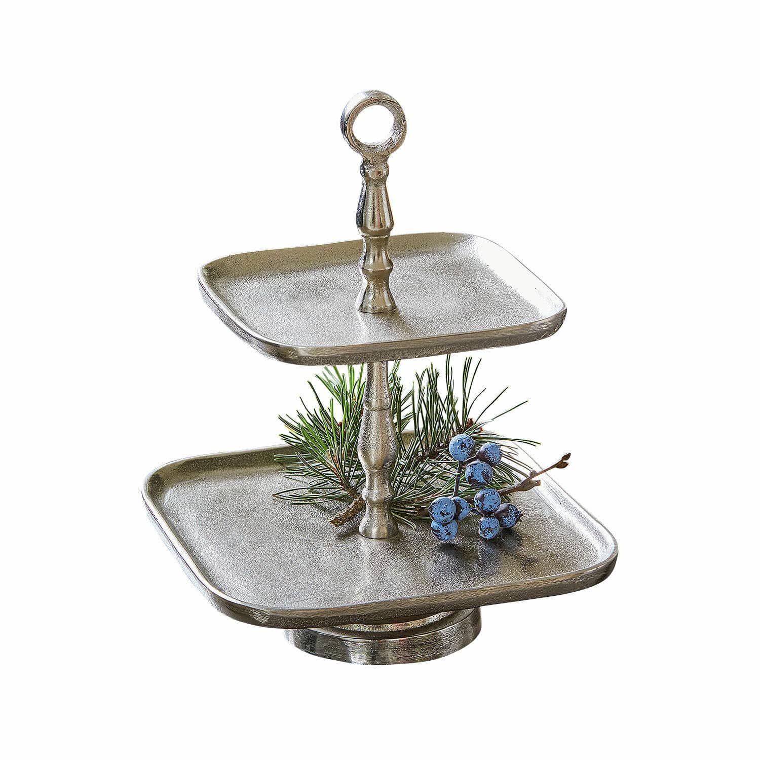 Etagere Tuarla Zweistöckige silberne Metall-Etagere mit Zweig- und Beeren-Dekor, eleganter Snackständer