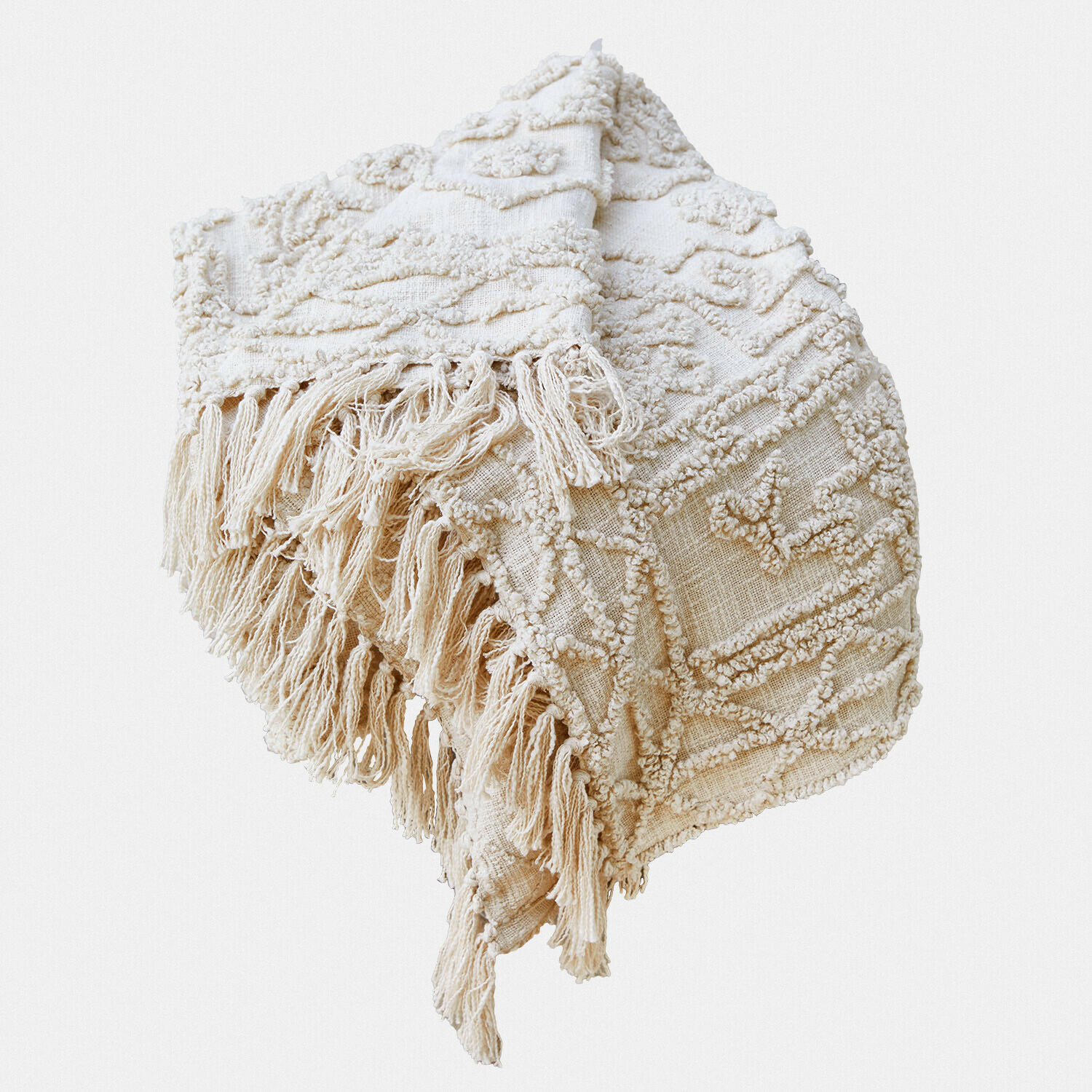 Beige dekorative Decke mit Fransen und geometrischem Muster aus weichem Material