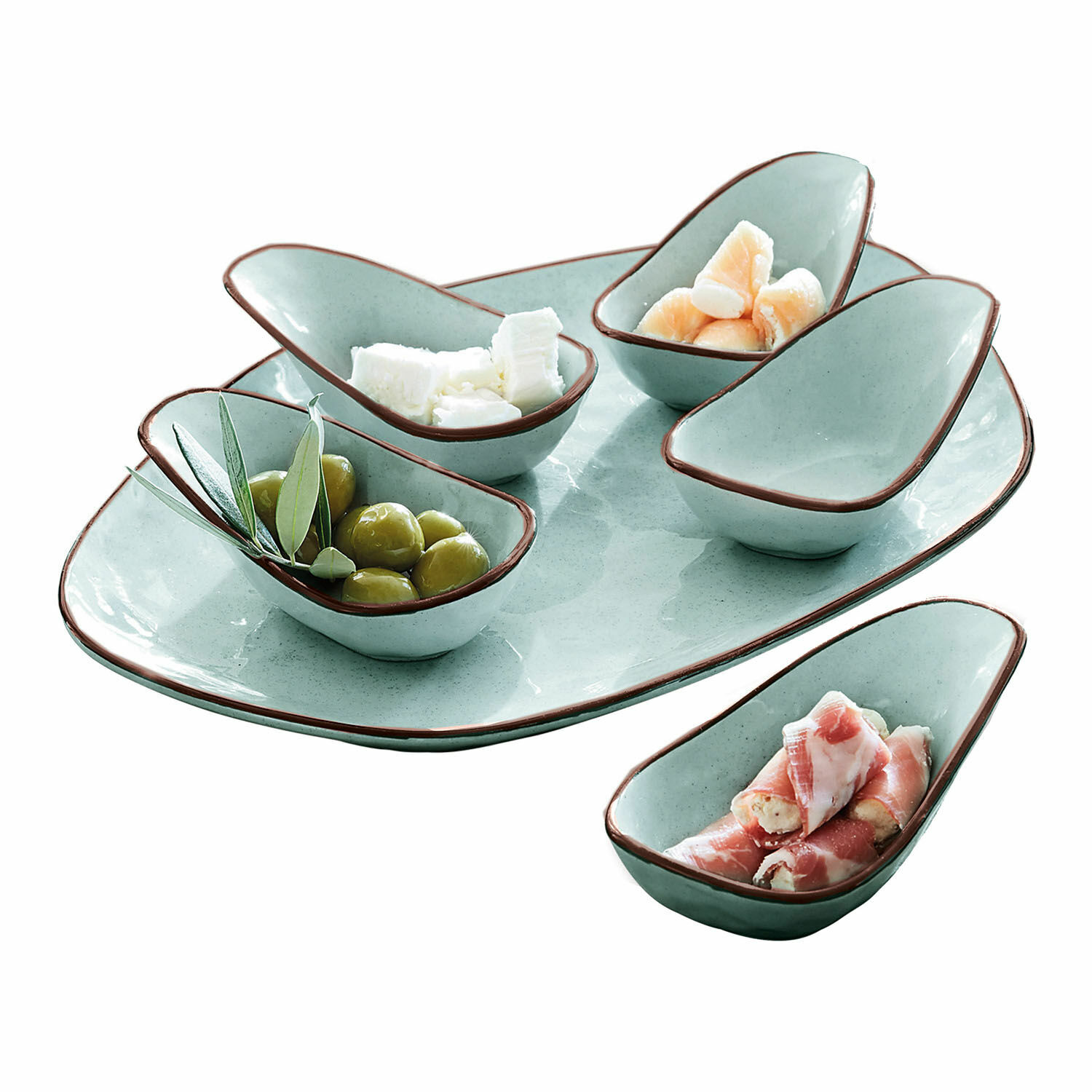Servierschälchen 6er Set Biarré Set aus mintgrünen Keramikschalen und Teller mit braunem Rand zum Servieren von Snacks