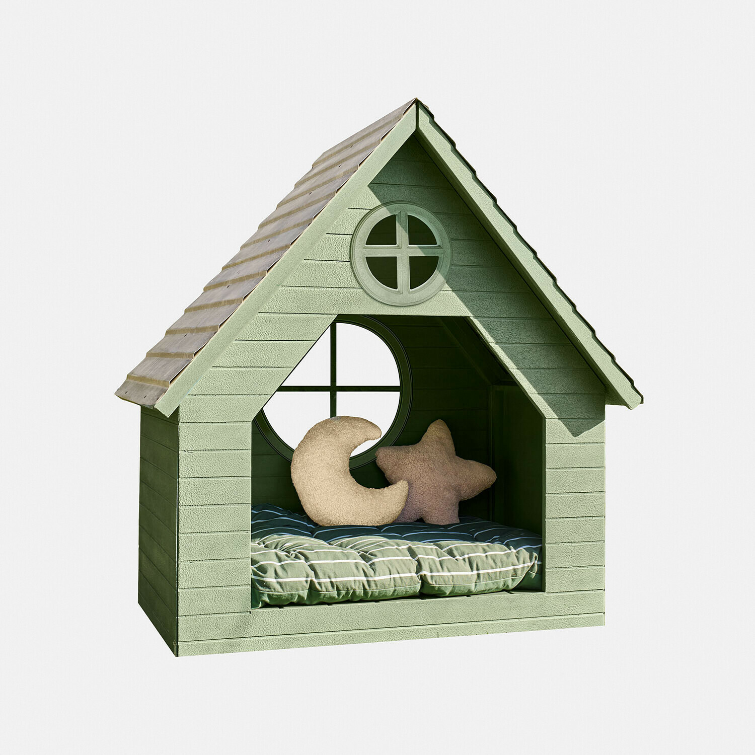 Kindergartenhaus Lunibu Grünes Holzhaustierhaus mit rundem Fenster und gestreiftem weichem Kissen