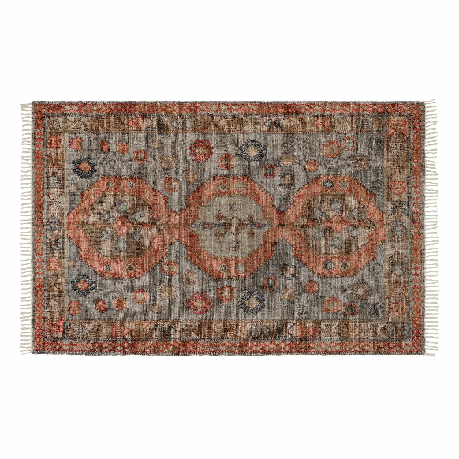 Teppich Exeter Vintage Baumwollteppich in Grau und Orange mit Fransen, dekoratives Wohnaccessoire