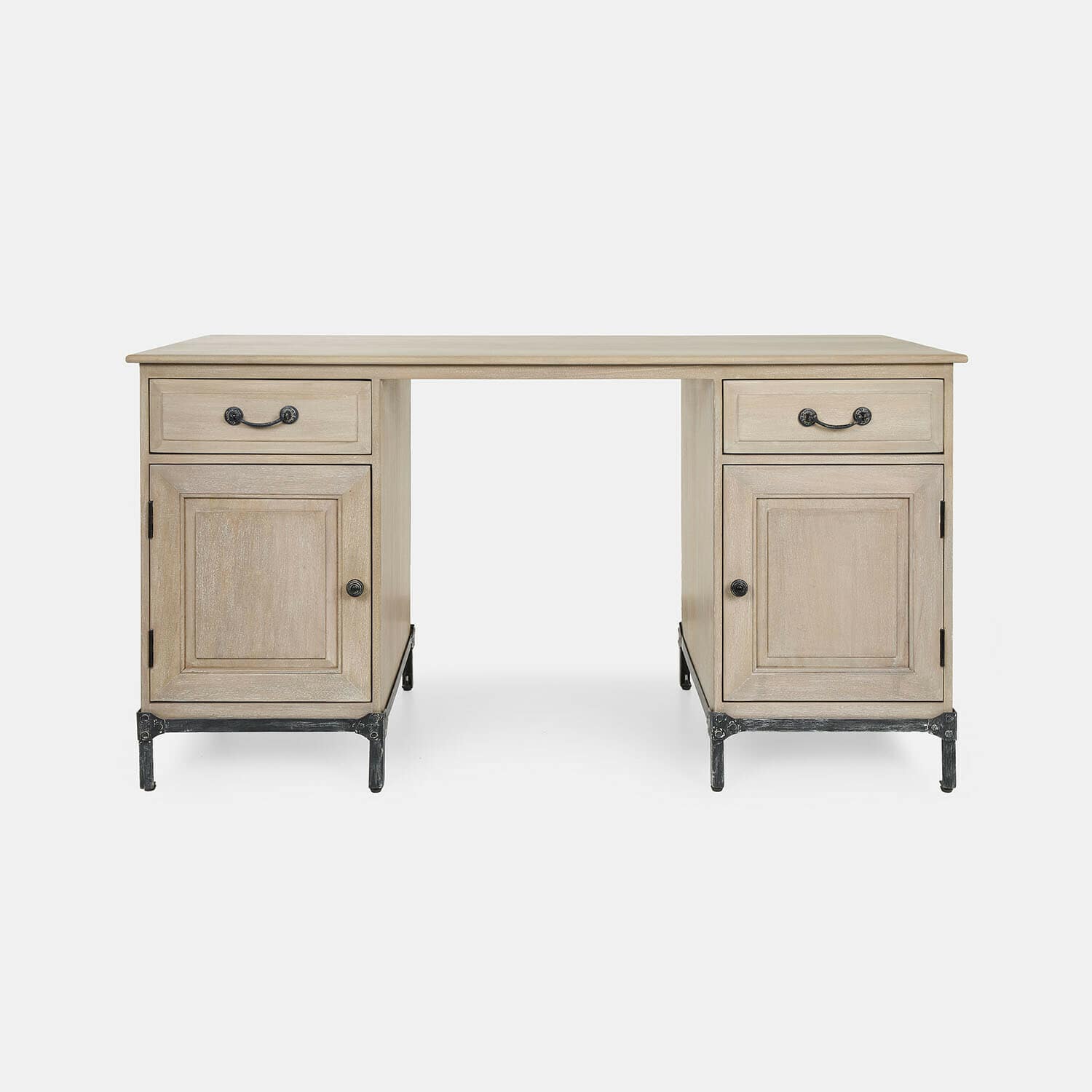 Schreibtisch Aldrics Schreibtisch aus hellem Holz mit Schubladen und Metallbeinen, klassisches Möbelstück fürs Büro