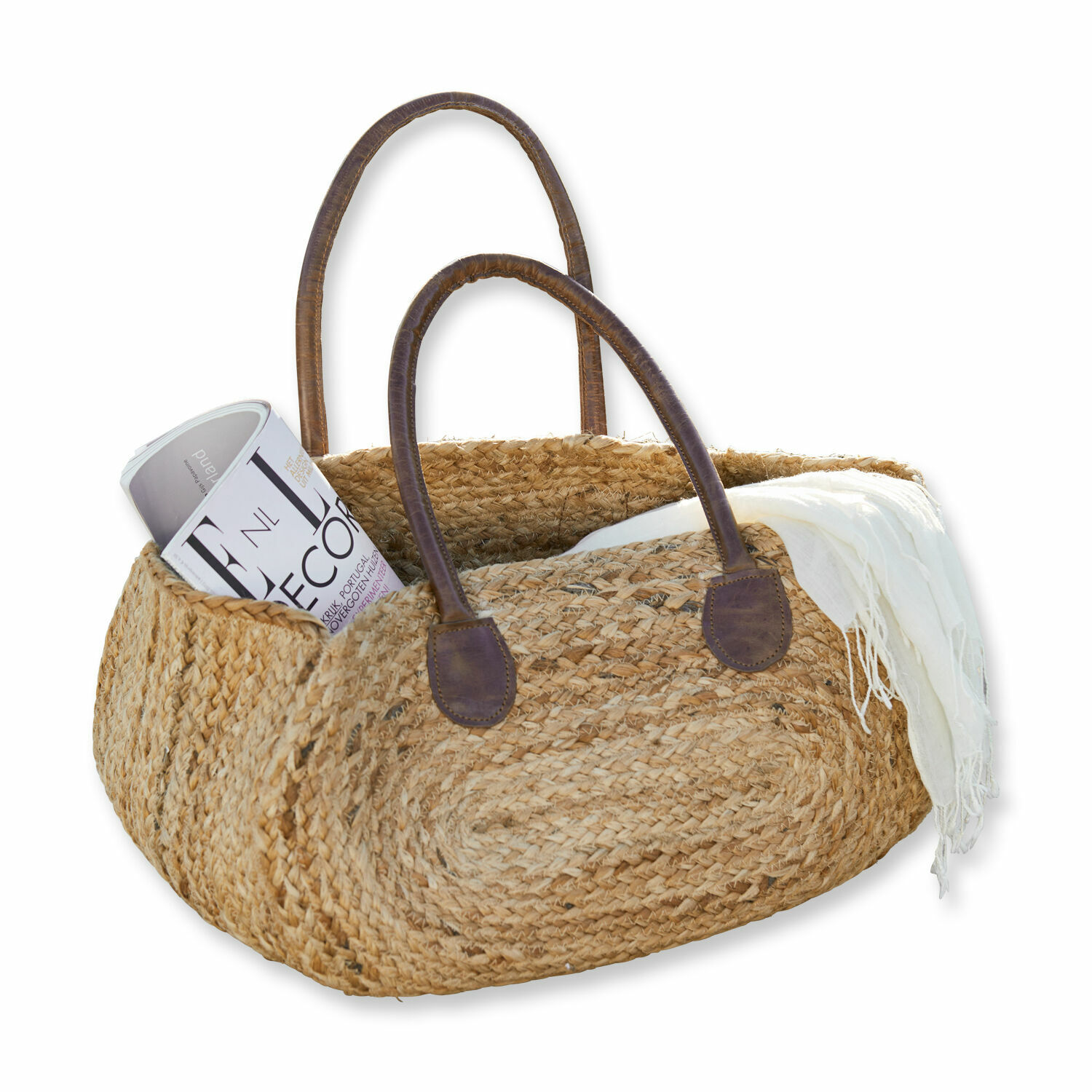 Tasche Gravesend Geflochtener Korb aus Seegras mit braunen Ledergriffen, naturfarben, praktischer Einkaufskorb