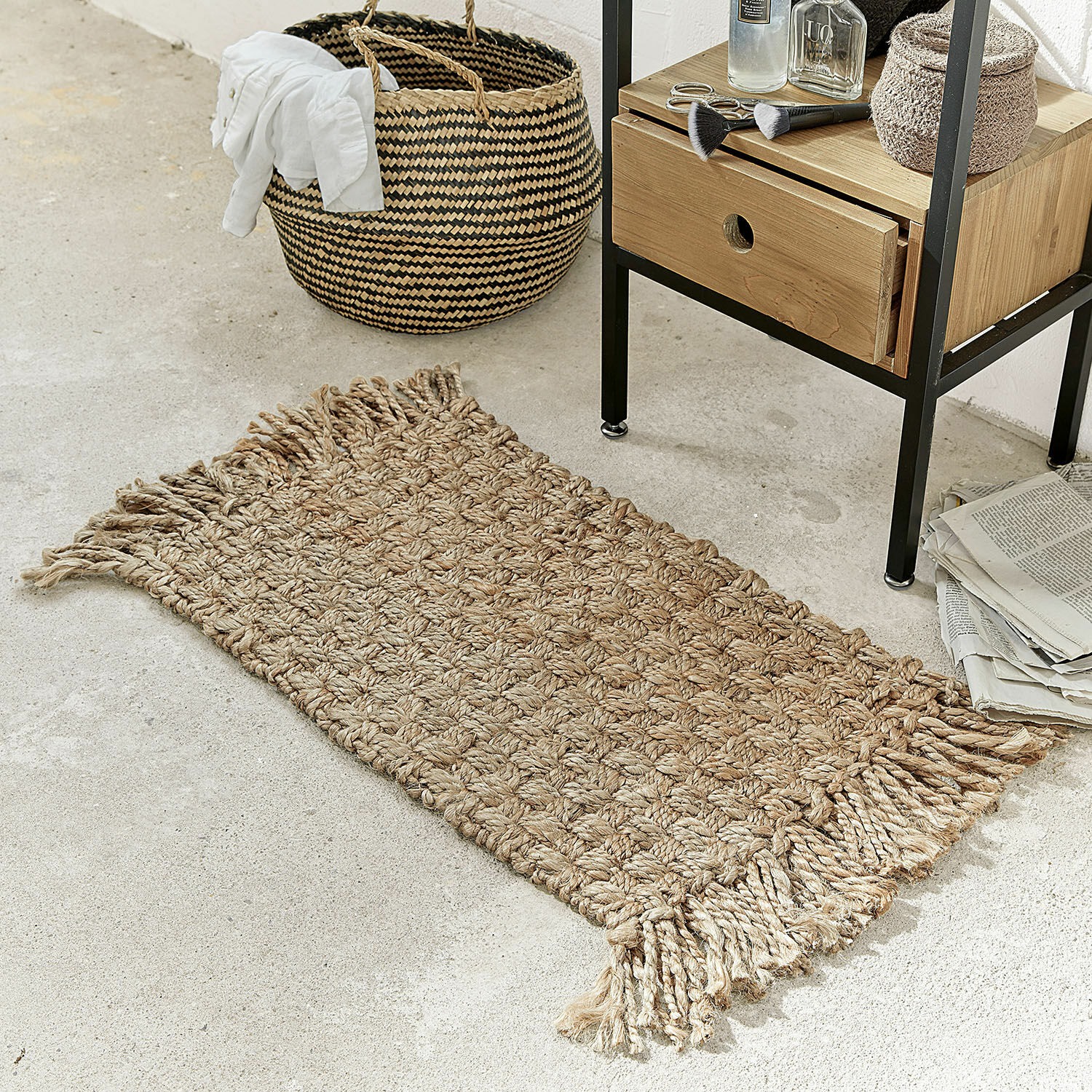 Fußmatte Moody Handgewebter Teppich aus natürlicher Jute mit Fransen, Dekoration für Boden und Raum