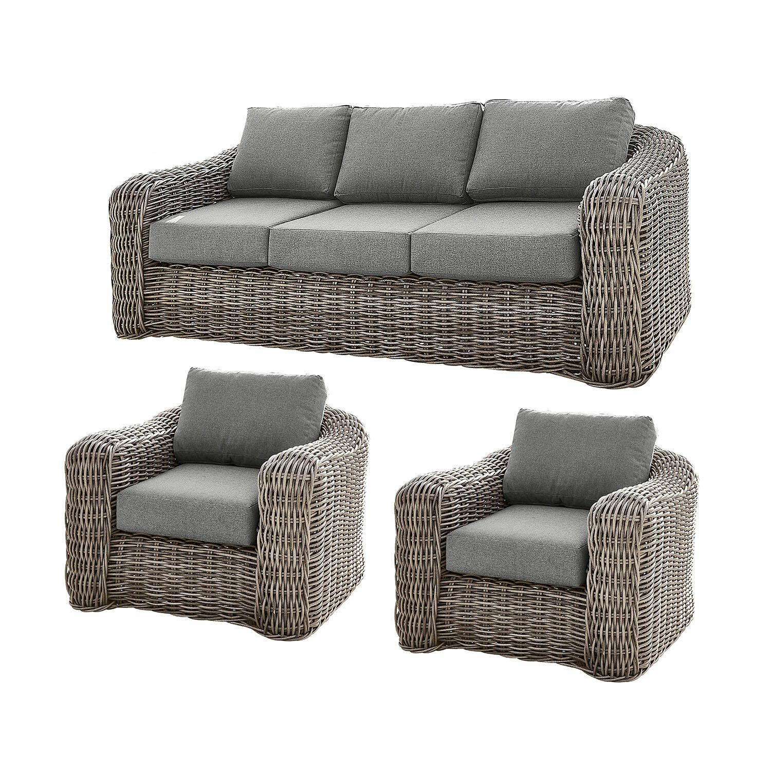 Sitzgruppe Upminster Gartenmöbel-Set aus grauem Polyrattan mit grauen Polstern, Sofa und zwei Sesseln