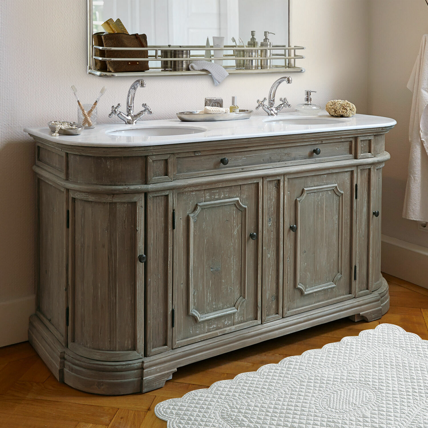 Doppelwaschtisch Pembroke Vintage Badezimmermöbel aus Holz mit weißer Marmorplatte und Doppelwaschbecken