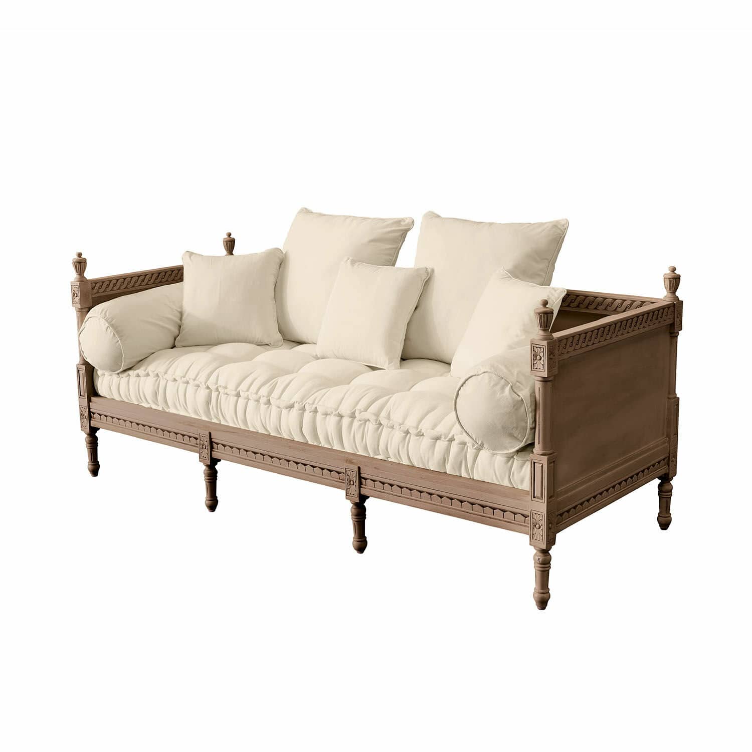 Sofa Douville Klassisches Sofa mit Holzrahmen und cremefarbenen Kissen für Wohnzimmer