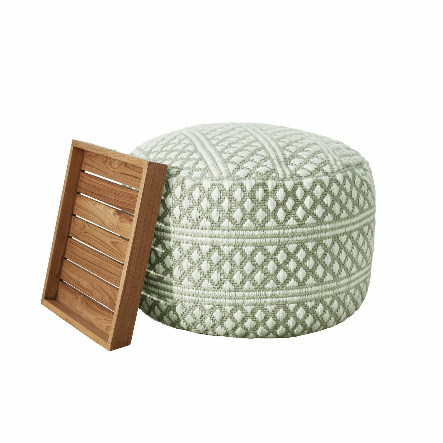 In- & Outdoor-Hocker Mintares Runder Pouf aus grün-weiß gemustertem Stoff mit Holztablett daneben, Sitzmöbel