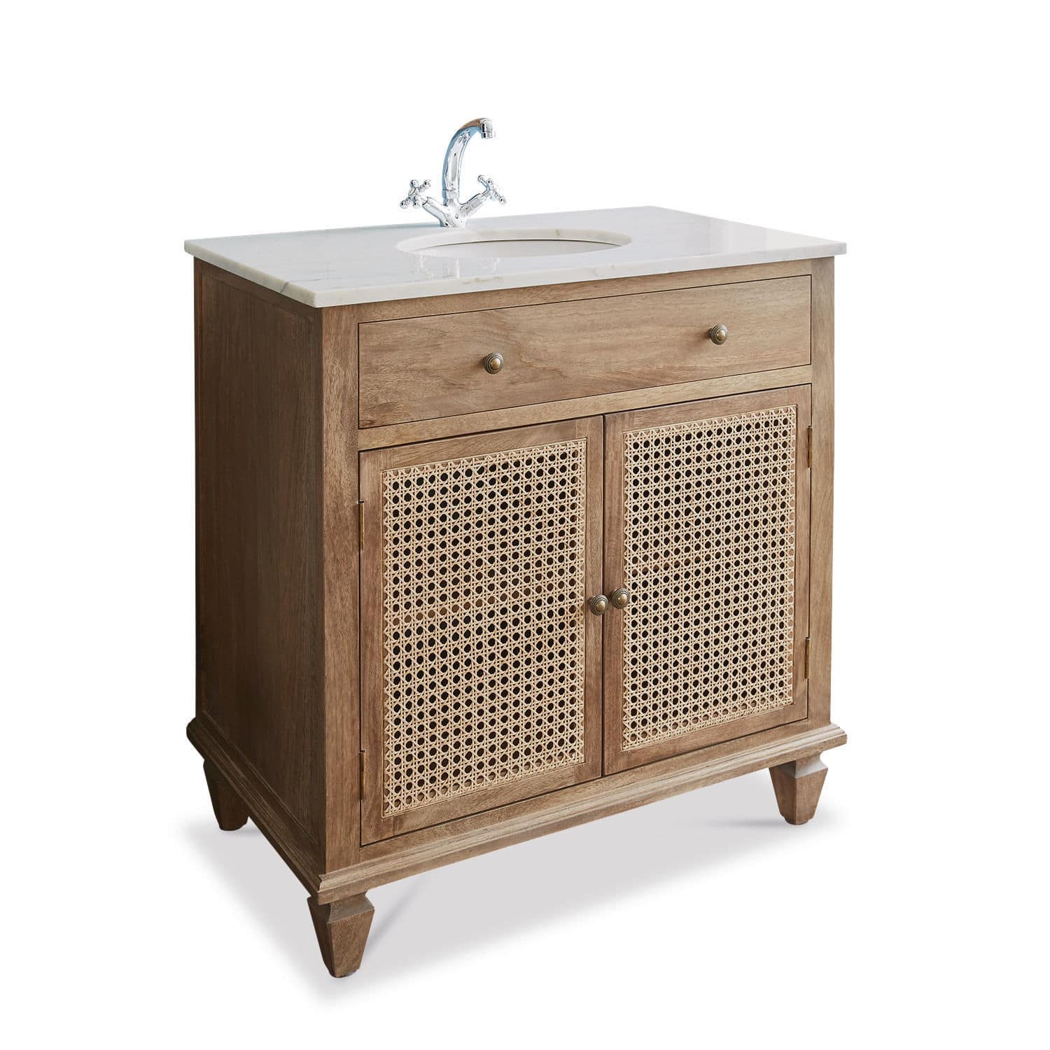 Waschtisch Emyl Badezimmermöbel aus Holz und Rattan mit weißer Marmorplatte und verchromtem Wasserhahn