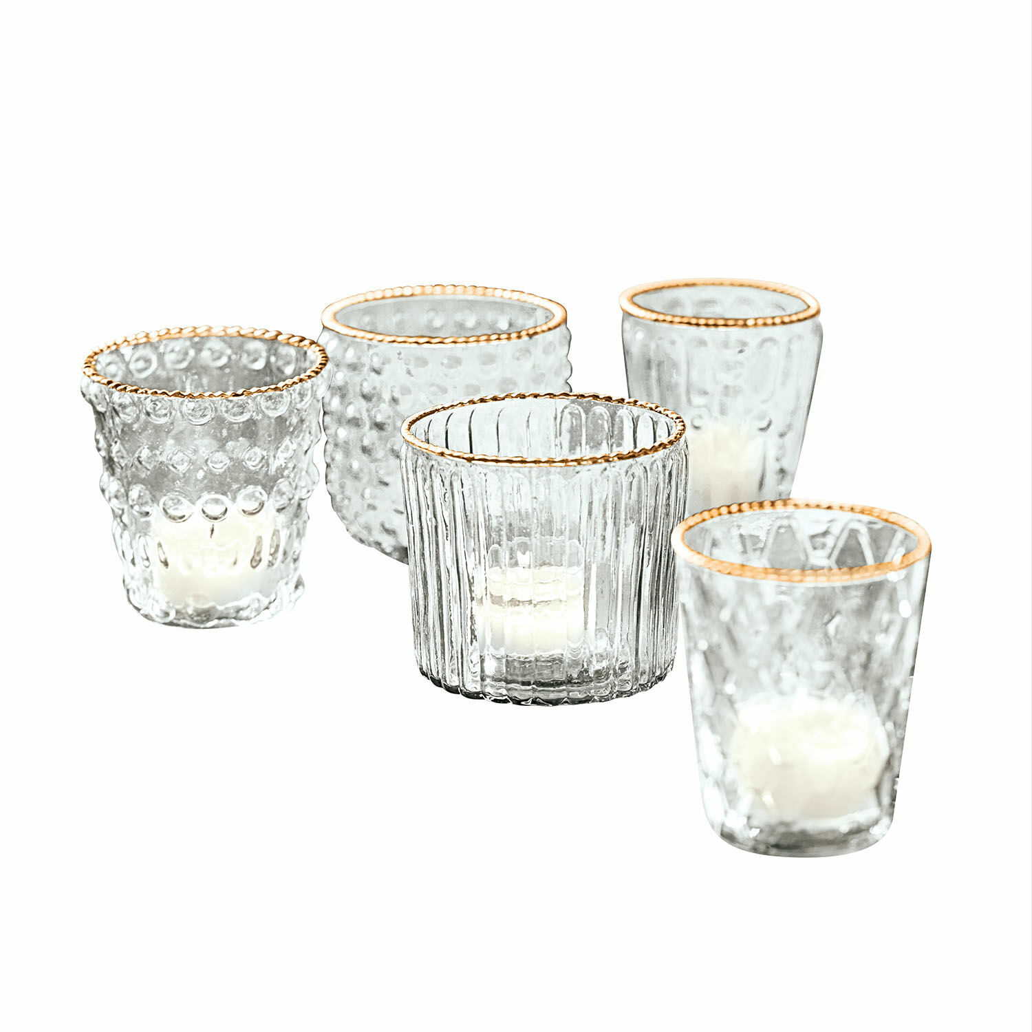 klar/gold 5-teiliges Set klare Glas-Windlichter Jarnac mit goldfarbenem Rand für stilvolle Wohnraumdekoration