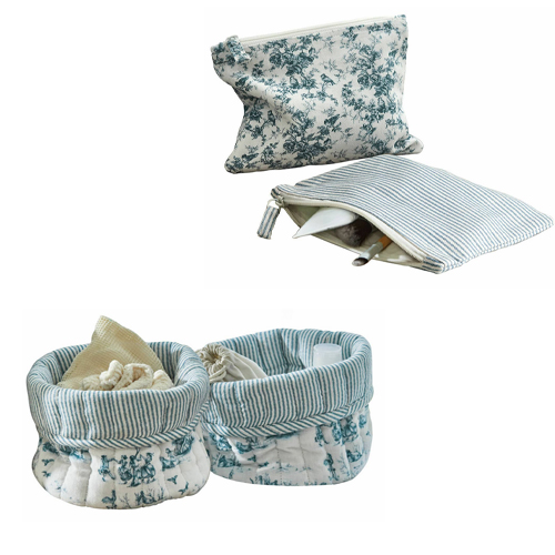 Set aus Baumwollkörben und Etui mit blauen Blumen- und Streifenmustern, dekorative Aufbewahrung