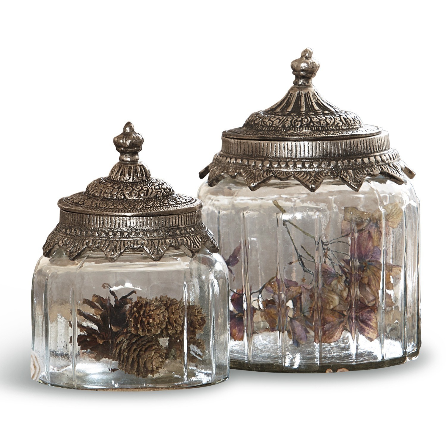 Glasdosen 2er Set Laféline Zweiteiliges Set aus Glasbehältern mit verzierten Metalldeckeln im Vintage-Stil