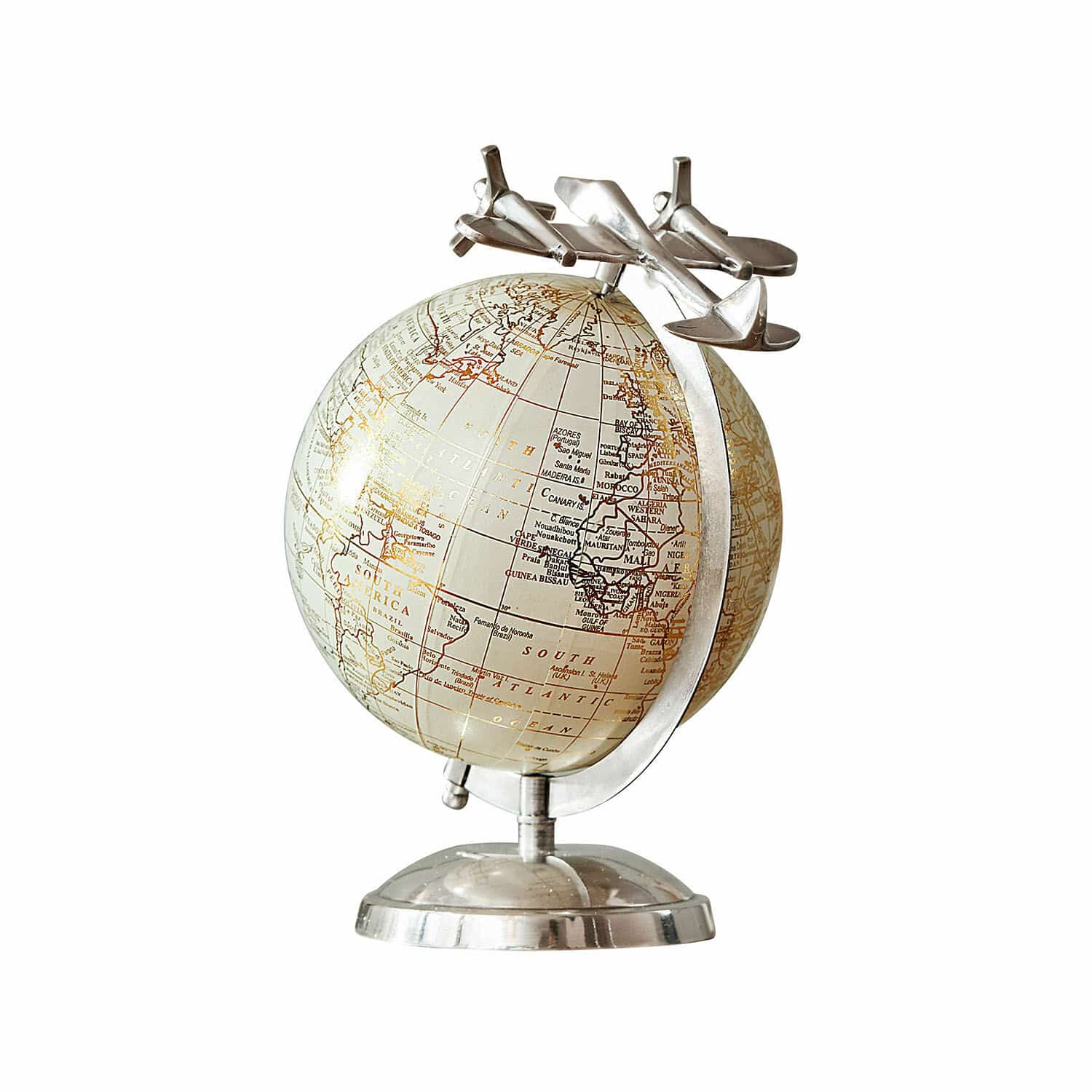 Deko-Globus Jollysail Dekorativer Globus mit silberner Metallbasis und Flugzeugen, Vintage-Schreibtischdeko
