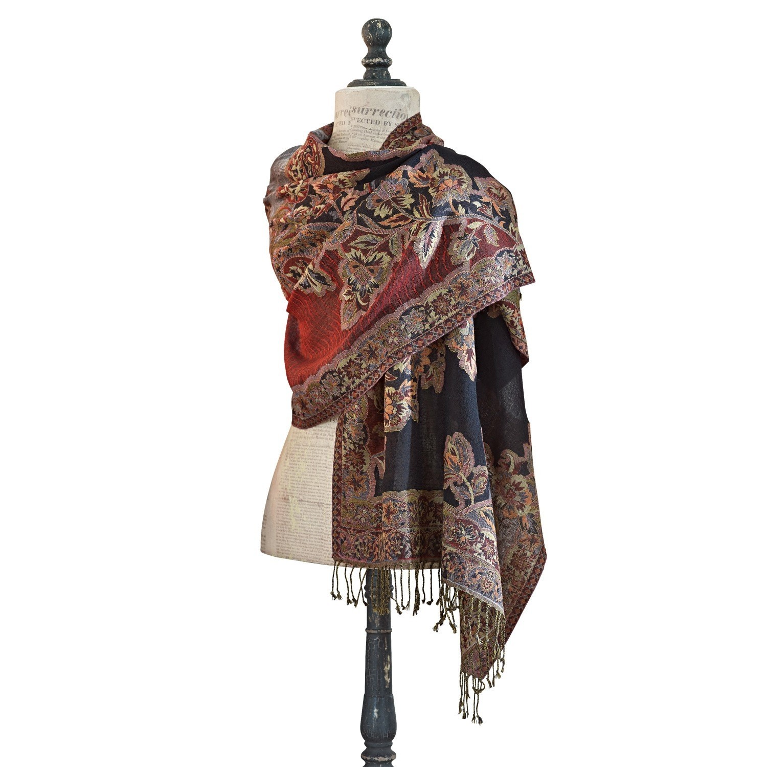 Schal Albon Warmer Schal mit floralem Muster in Rot und Schwarz mit Fransen, weiches und dekoratives Material