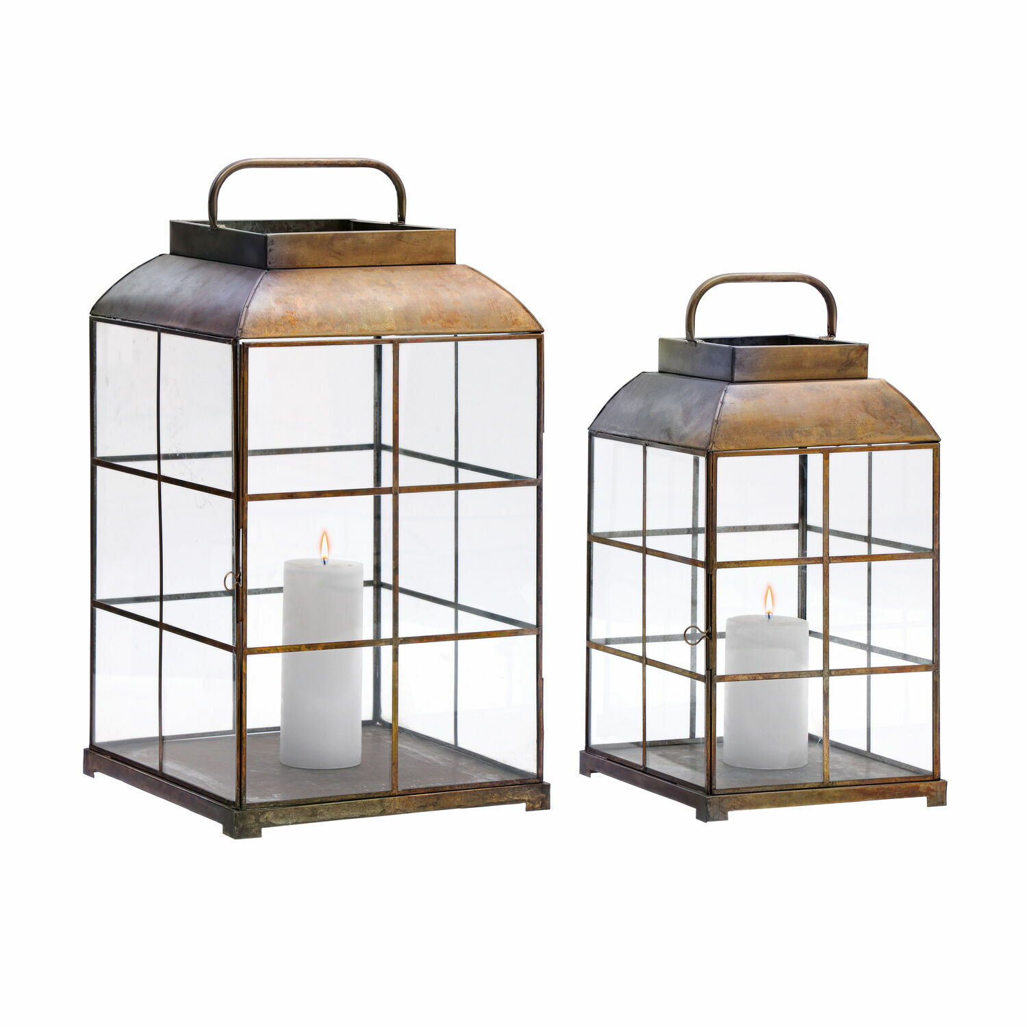 Laterne 2er Set Flavin Set aus zwei Laternen aus Messing-Metall mit weißen Kerzen für Wohn- und Gartendekoration