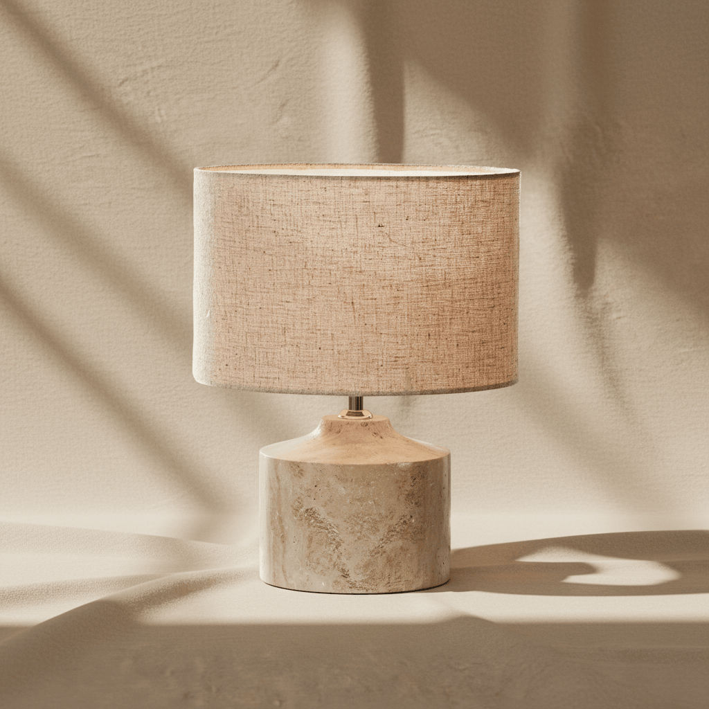 Tischlampe mit beigem Stoffschirm und naturfarbener Marmorbasis für stilvolle Wohnraumgestaltung