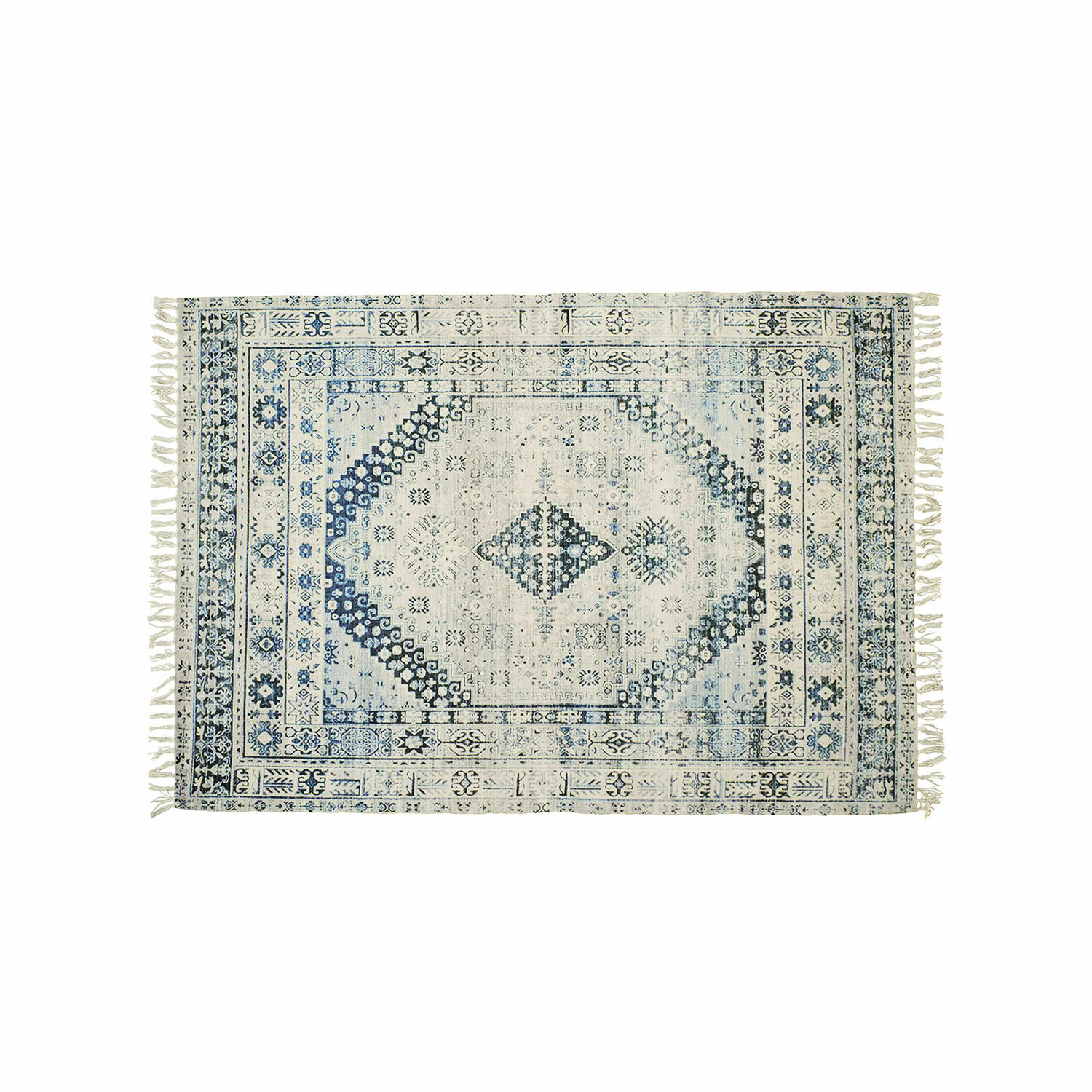 In- & Outdoor-Teppich Daly Orientalischer Teppich in Blau und Creme mit Fransen, dekorativer Bodenbelag für Wohnräume