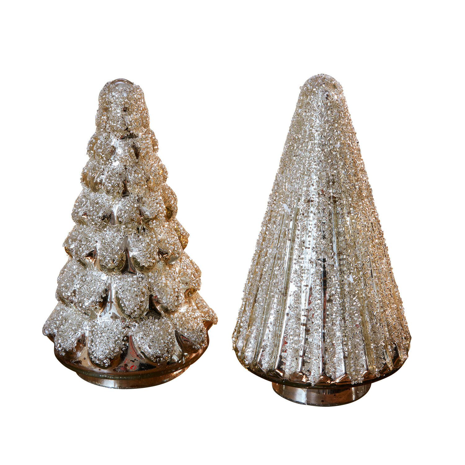 Deko-Baum 2er Set Domélys Zwei dekorative silberne Glas-Tannenbäume mit strukturierter Oberfläche als festliche Wohnaccessoires