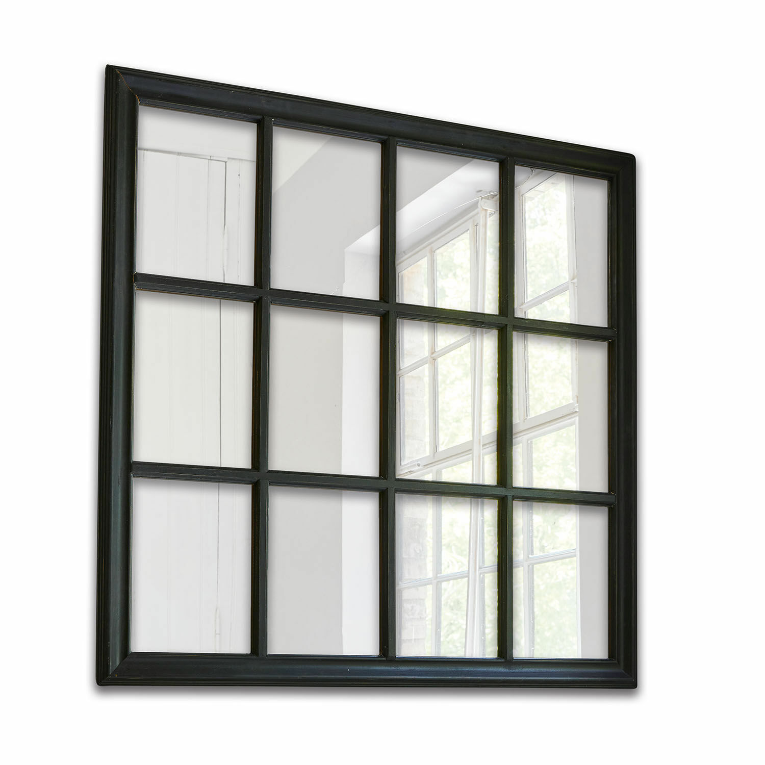 Quadratischer Spiegel mit schwarzem Metallrahmen und 12 rechteckigen Segmenten als Wanddekoration