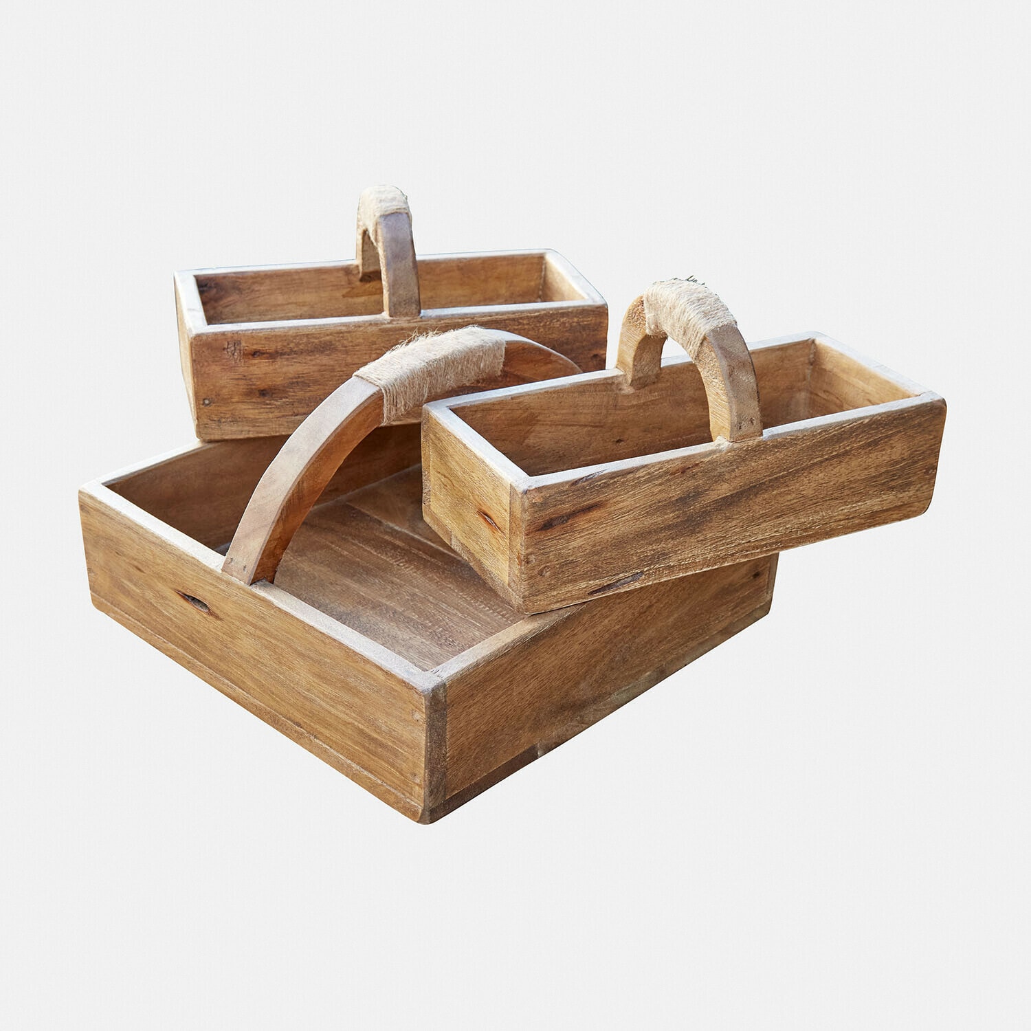 Holzkiste 3er Set Nettleby Set aus drei Holztabletts mit Griffen, die mit Schnur umwickelt sind, natürliche Holzfarbe