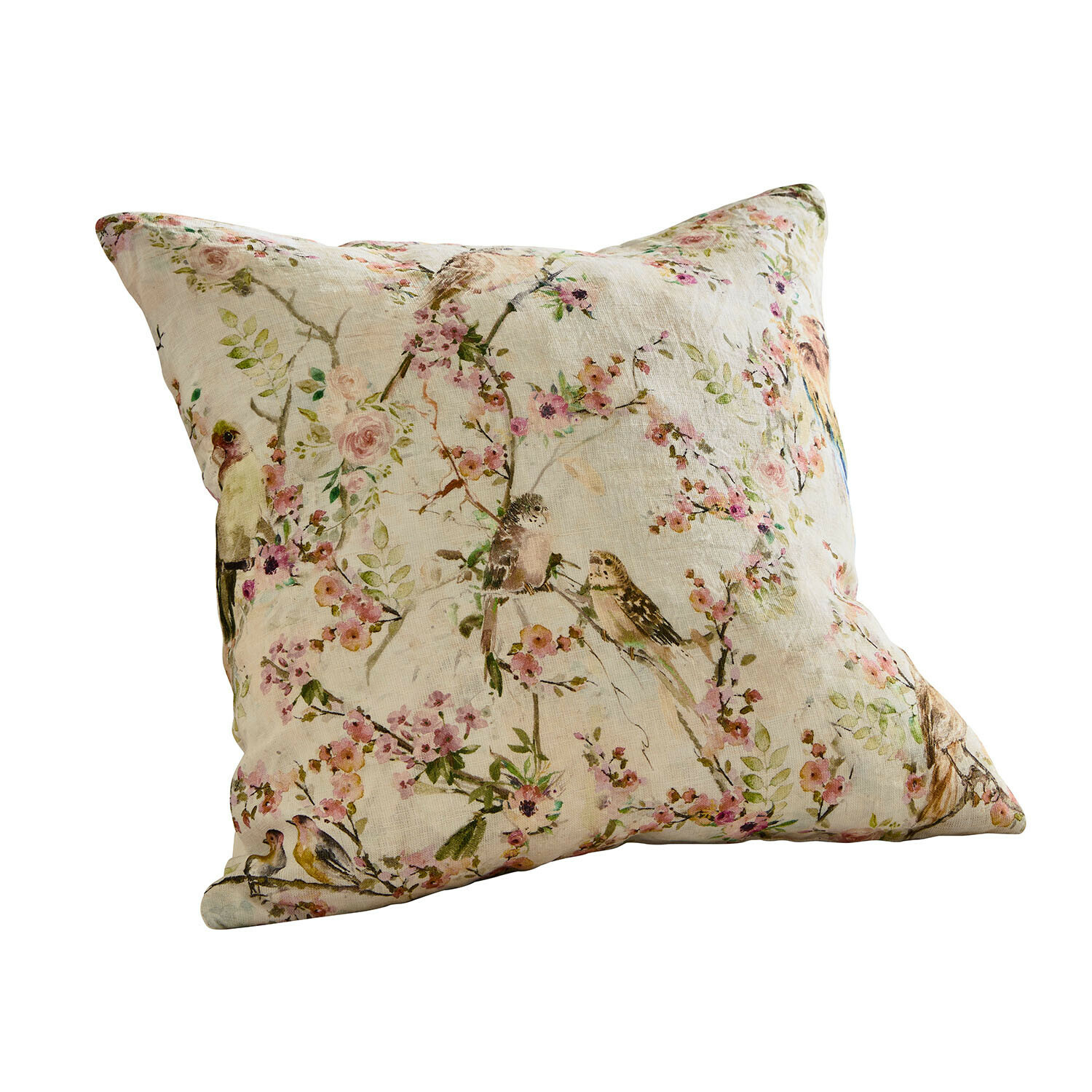 Dekoratives Kissen aus Leinen in Creme mit Vogel- und Blumenmuster, rustikaler Stil