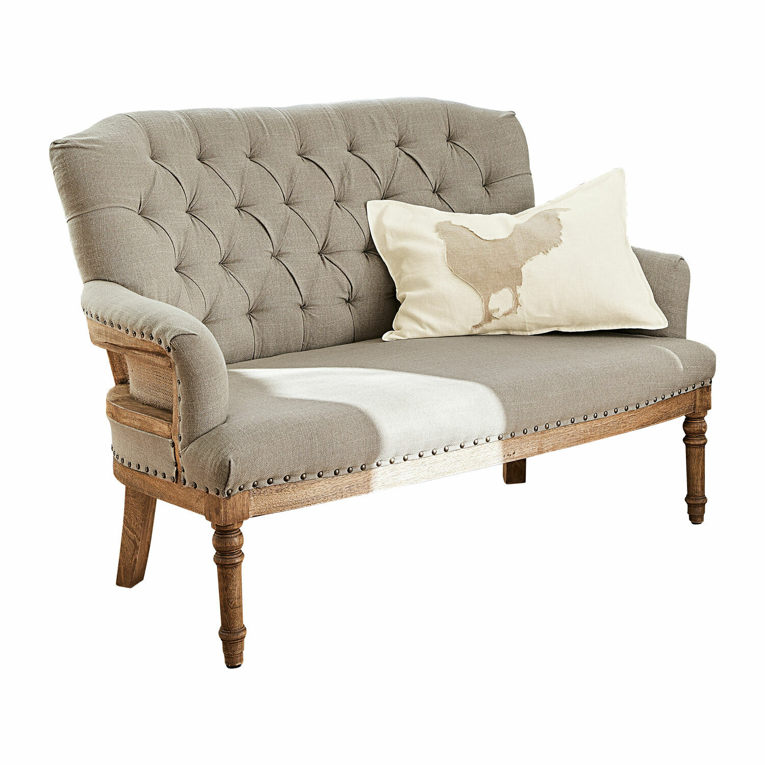 Sofa Kingsley Beiges Sofa aus Stoff mit Holzrahmen und dekorativem Kissen mit Hühnermotiv