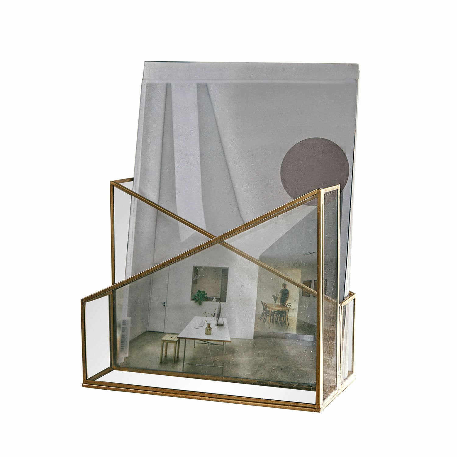Zeitschriftenhalter Moselle Transparenter Glas-Dokumentenhalter mit messingfarbenem Metallrahmen für Büro