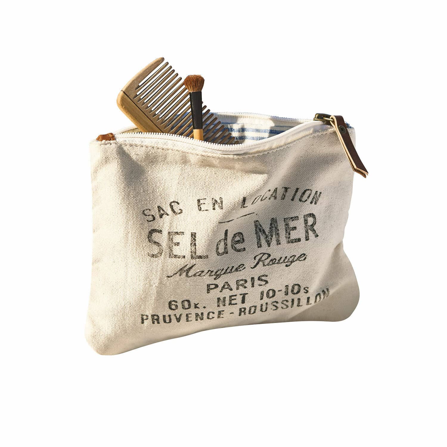 Täschchen Sel de Mer Beige Baumwoll-Kosmetiktasche mit Aufdruck und Reißverschluss, Holz-Kamm und Make-up-Pinsel
