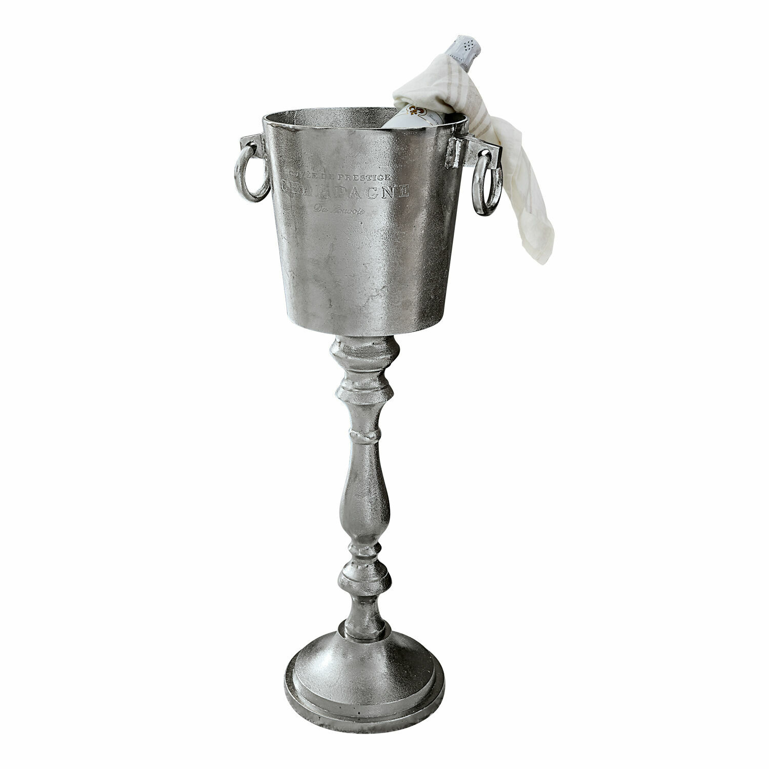 Sektkühler Danville Silberner Metall-Eisbehälter auf Ständer mit Griffen und Champagnerflasche, elegantes Servierzubehör