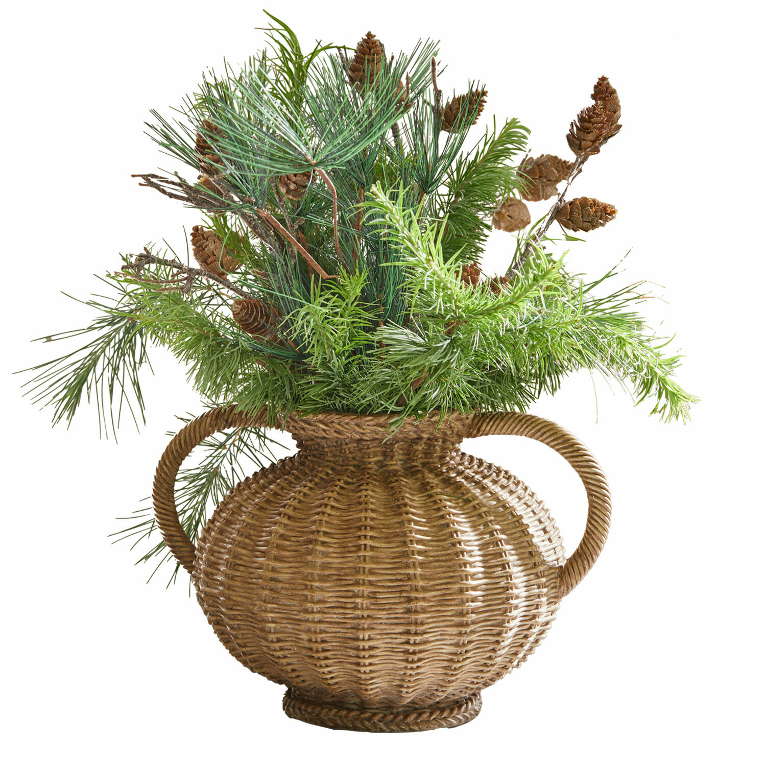 Vase Kaelvik Dekorativer Korb aus Rattan mit Griffen, gefüllt mit grünen Zweigen und Kiefernzapfen