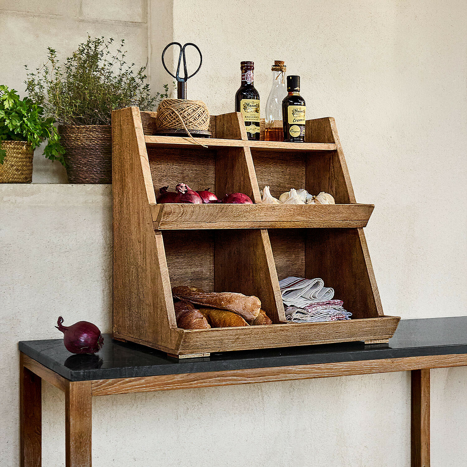 Organizer Sémone Holz-Organizer für die Küche mit Fächern für Gewürze, Brot und Stoffe, naturfarbiges Holz