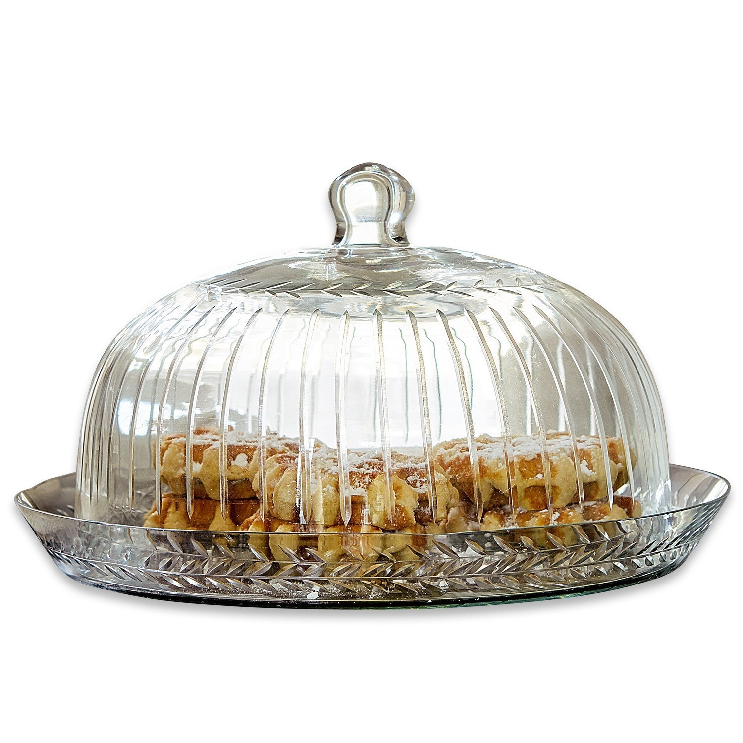 Glasglocke mit Platte Layla Glas-Glocke mit Blattmuster und Teller, transparent, mit Waffeln gefüllt, zum Servieren von Kuchen