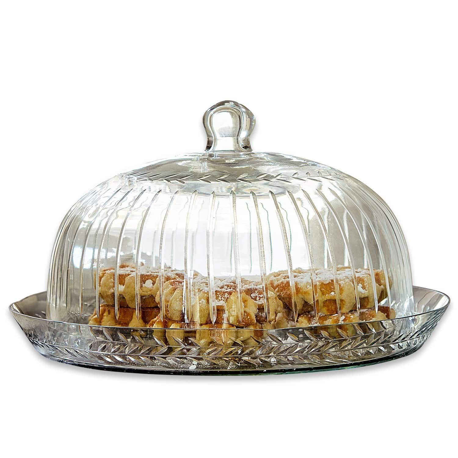 Glasglocke mit Platte Layla Glas-Glocke mit Blattmuster und Teller, transparent, mit Waffeln gefüllt, zum Servieren von Kuchen