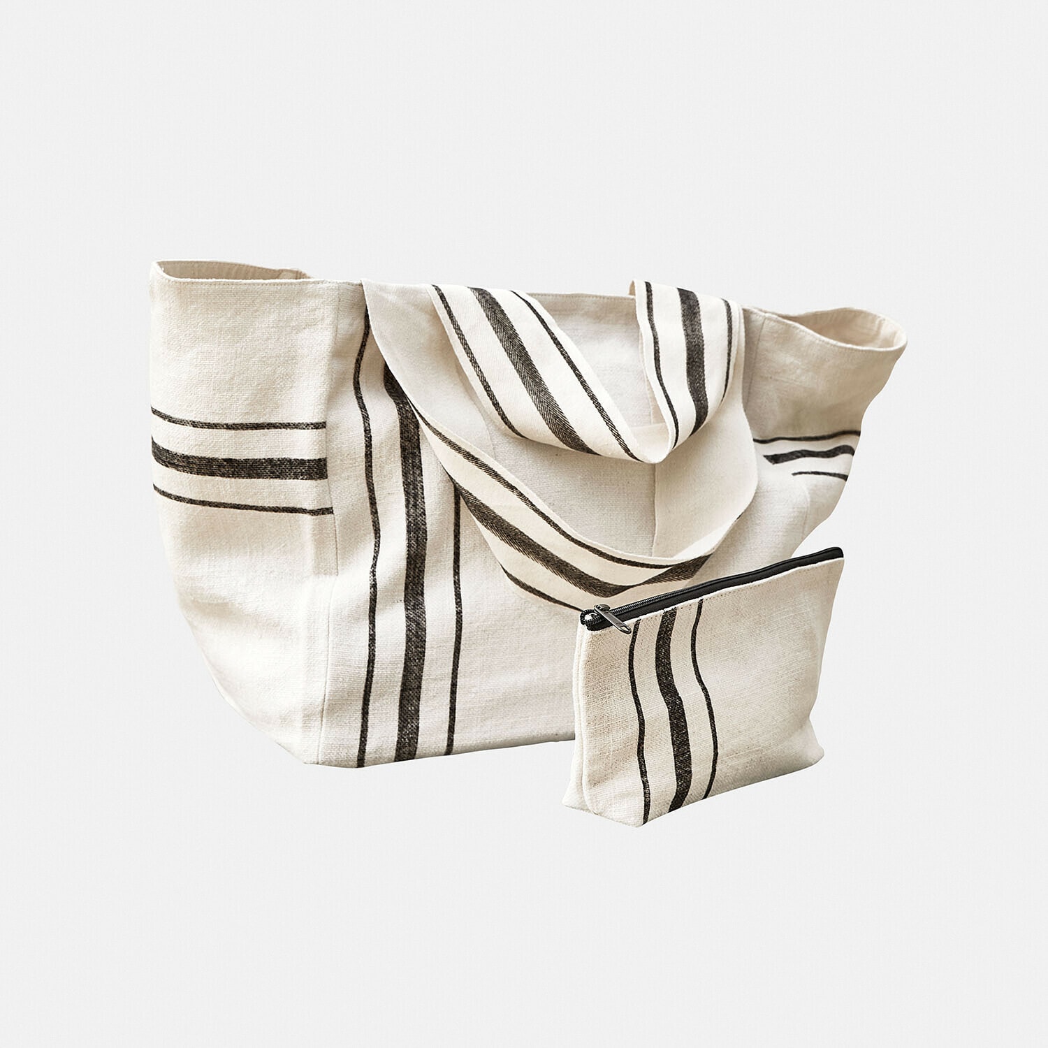 Tasche 2er Set Bravenda Beige Baumwolltasche und Kosmetiktasche mit schwarzen Streifen, praktisches Set für Einkäufe und Reisen